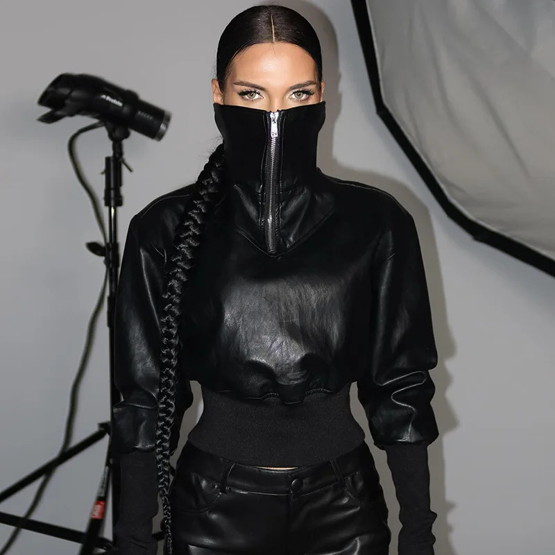 Women Black PU Leather Pullover Jackets Zipper Turtleneck Full Sleeve Wide Waist Slim Sweatshirts Casual Coat Y2K Streetwear Top 250606