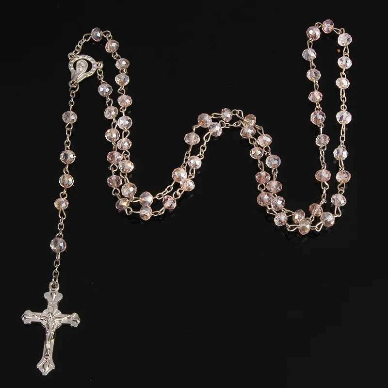 Collier de chapelet en cristal classique 6 mm Collier catholique Collier de prière Crossage Collier Crystal Rose Collier W250612