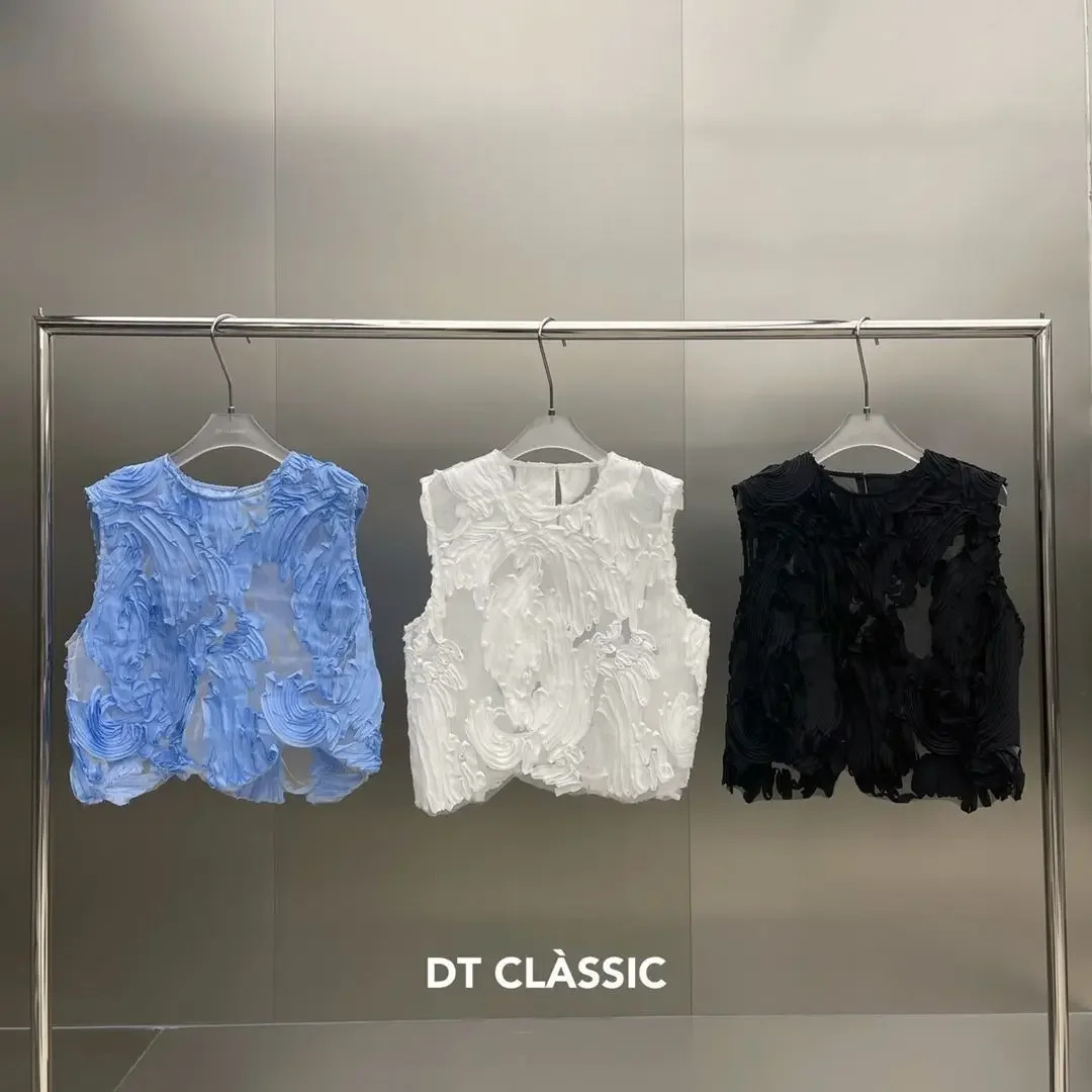 Fashionable Summer Thin Waist Hollow Out Vest Black Womens Clothing Outer Wear Crew Neck n Sensibility Wave 250611