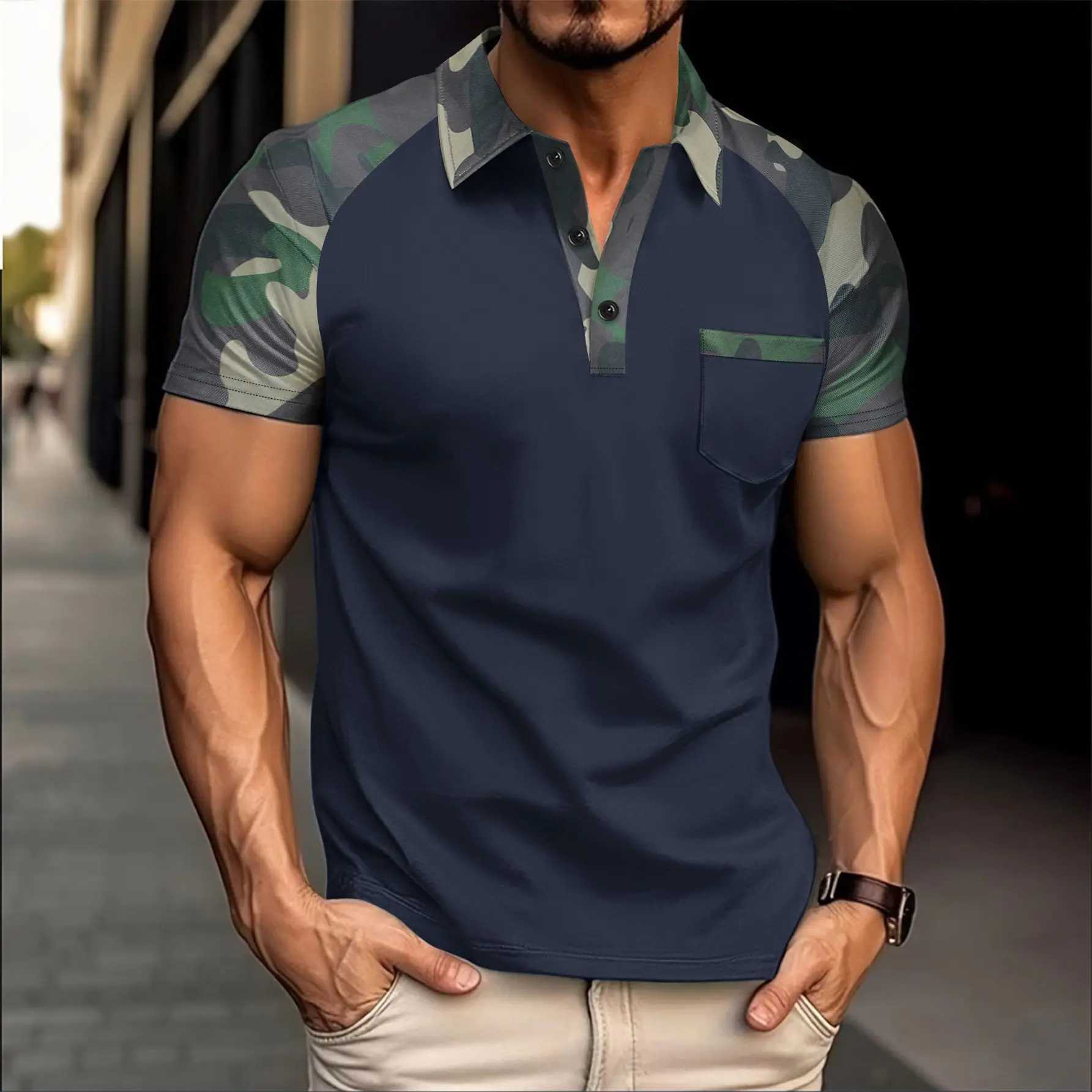 Mens American New Summer Outdoor Camouflage Color-block Polo Shirt with Lapel Pocket Short Sleeves Button-Up Casual Top XJ250612