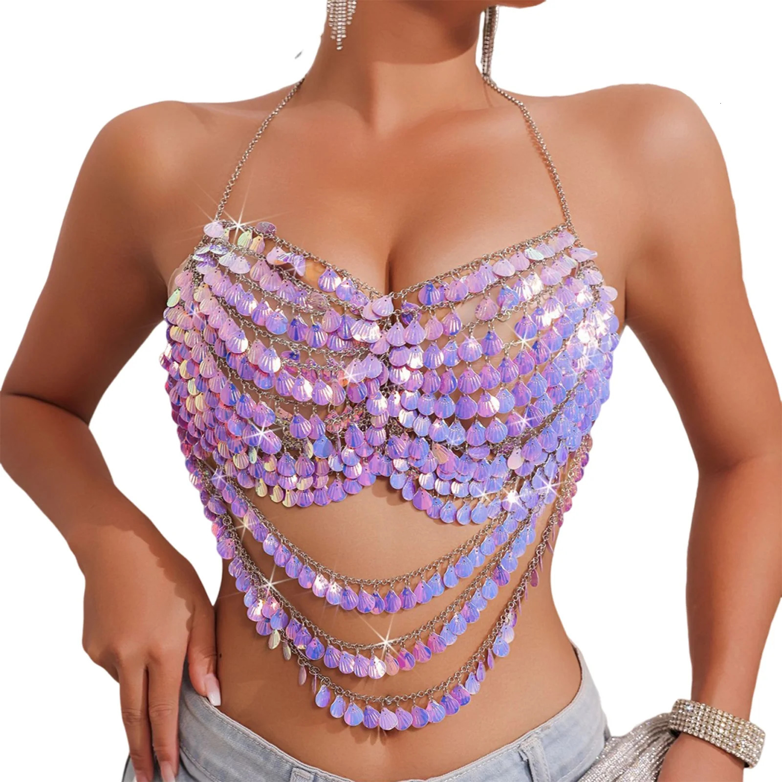 2025 Fashion Womens Chain Halter Tank Tops Sleeveless Sparly Shell Shape Sequin Cami Lingerie 250609