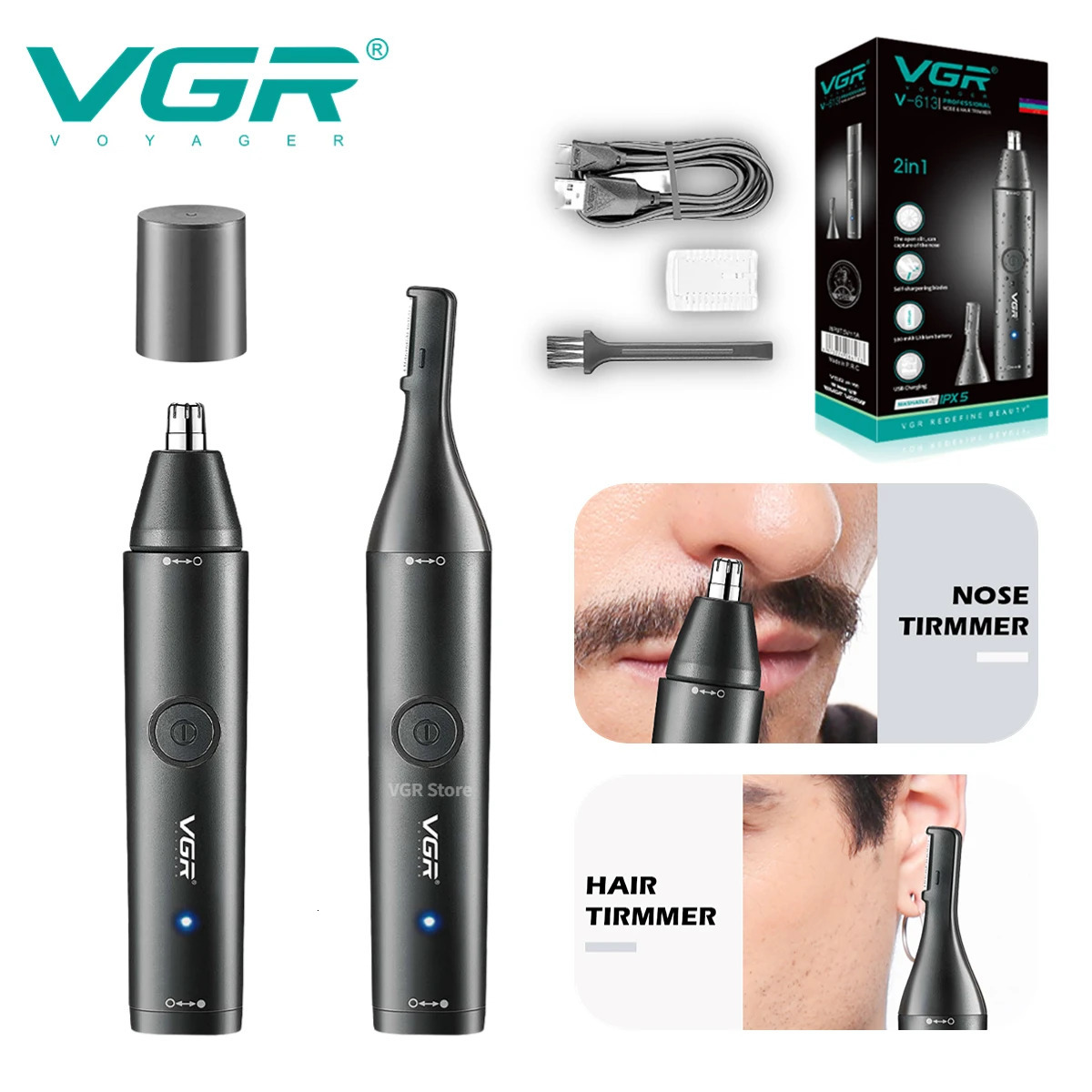 VGR Professional Nose Hair Trimmer Mini Trimmer de cheveux Trimmer de nez électrique 2 en 1 Clipper Portable Rechargeable Imperpose V-613 250612