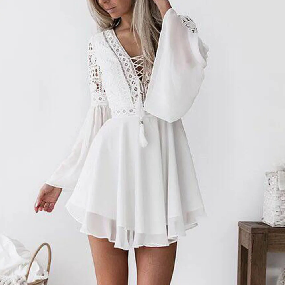 Femmes en dentelle Eleagnnt Robes d'été Casual Boho Beach Robes à manches longues Cocktail Bodycon Poustiage Robe d'automne 250606