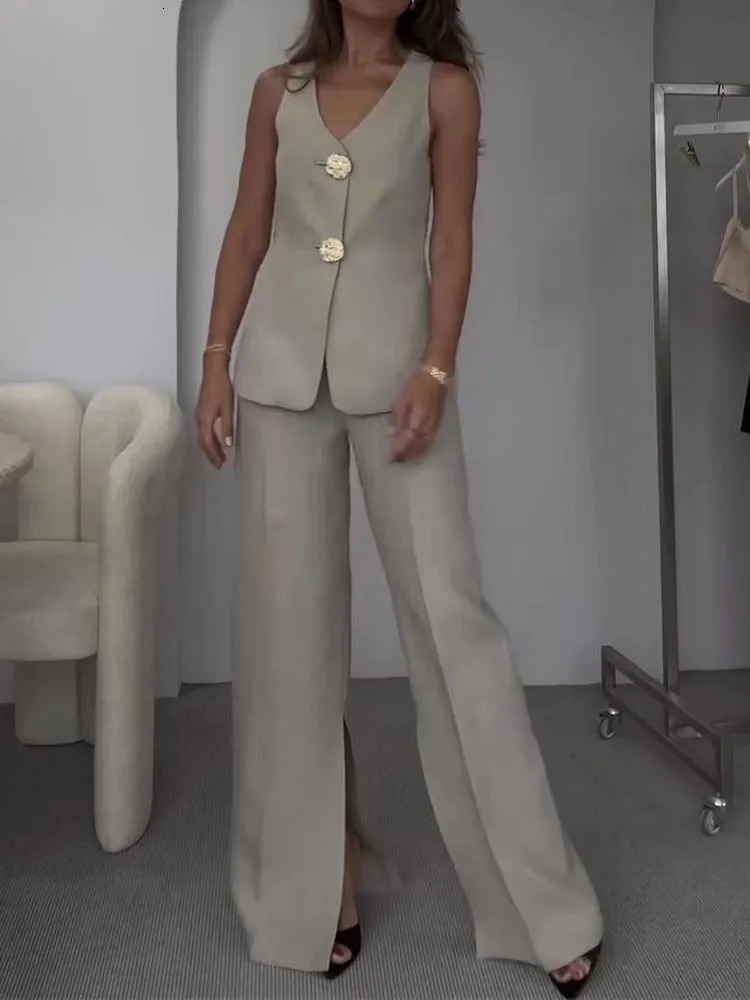 2025 Summer Fashion Two Piece Sets Women Elegant Tank Top Solid V-neck Sleeveless Vest High Waisted Wide Leg Pants Suits250609