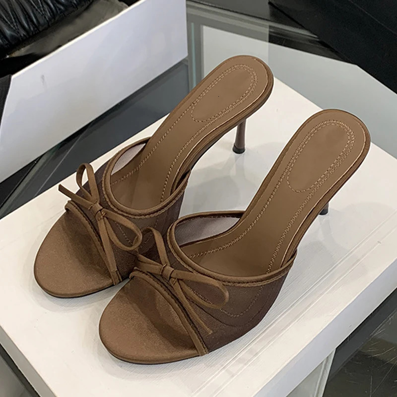 Liyke High Heels Slippers for Women Fashion Lace Bow Mesh Summer Sandal Female Party Dress Shoes Zapatos De Mujer 250606