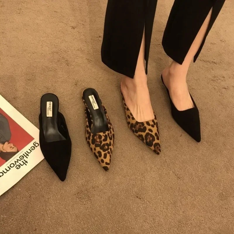 Pointed Toe Mules Fashion Leopard Print Women Slippers Casual Womens Shoes Women Low Heels Elegant Ladies Outdoor Slide 250606