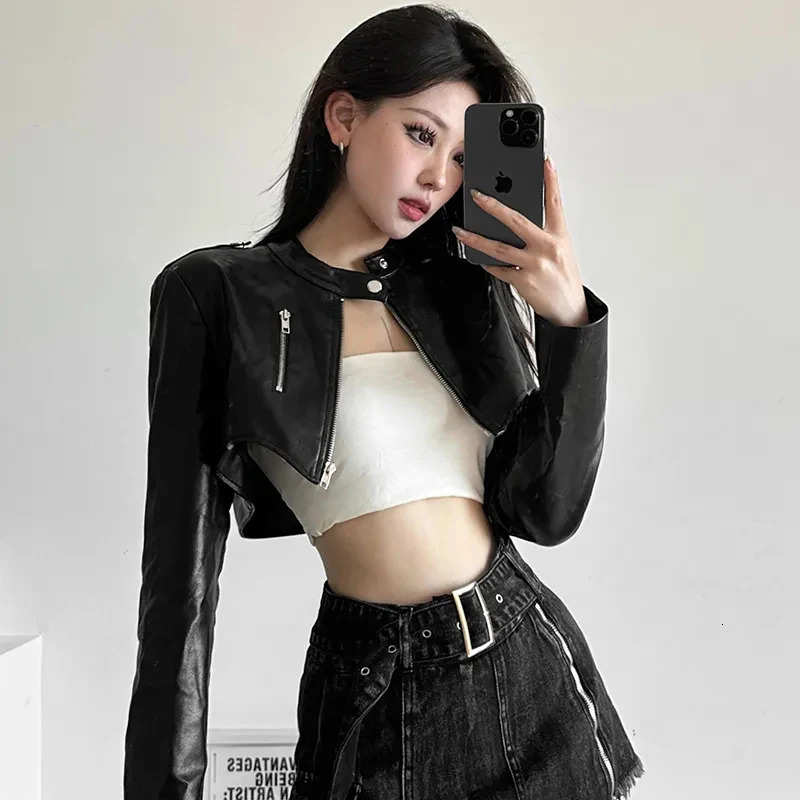 Veste en cuir noir noir Femmes sexy Cropped Harajuku Y2K Biker Riding Cost Tops Slim High Street Racing Zipper Chic Coat 250606