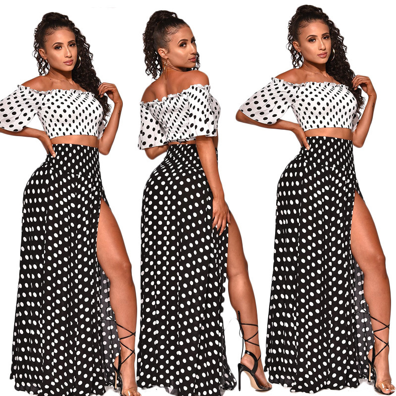 K9338 Womens Polka Dot Off-Shoulder Casual Beach Style Two-Piece Set with Split Skirt New