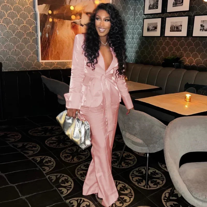 GUWU Elegant Pink Satin Office Lady Two 2 Piece Set Outfits Tie Up Blazer Top and Wide Leg Pants Suit Street Women Tracksuit 250612
