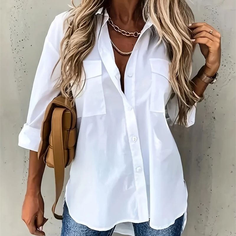 Women Plus Size Fashion Solid Color Lapel Shirt Pocket Decoration Casual Loose and Simple Long Sleeved y250527