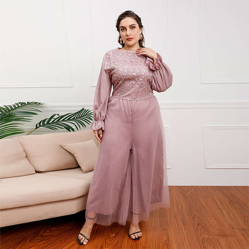 Russian Light Luxury Dress Elegant One-Piece Long Plus Size High Waist Loose Wide-Leg Mesh Pants B5