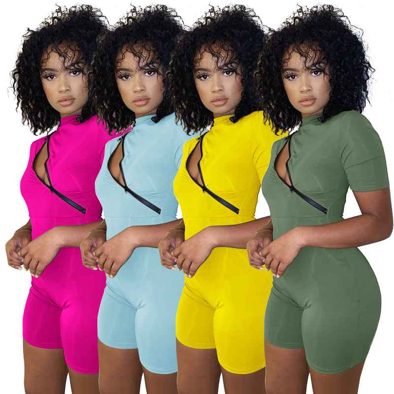K9834 Fashion Womens Zipper Patchwork Slim Fit Casual Jumpsuit 2024