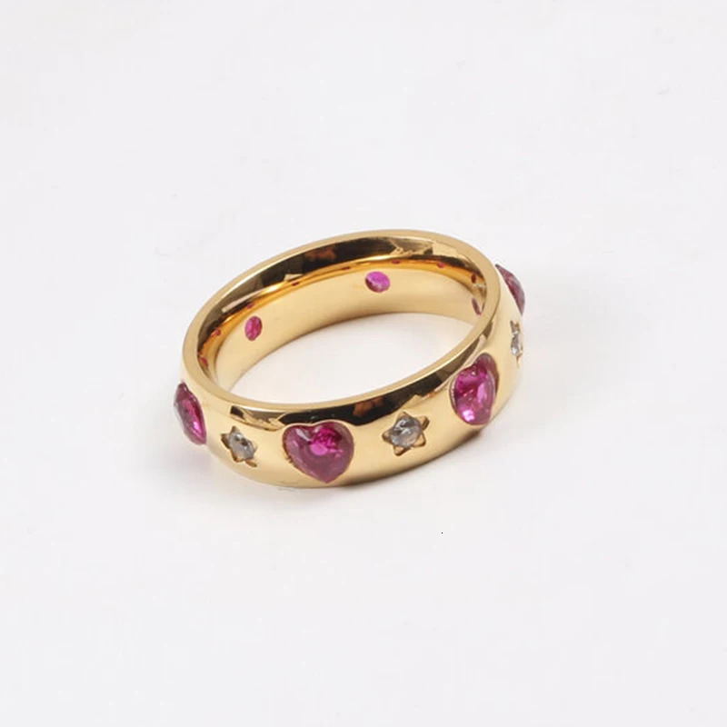 y Pink Love Heart Zircon Anneaux Star CZ Crystal Gold Color Ring pour les femmes Anneau de bande de mariage en acier inoxydable 250611