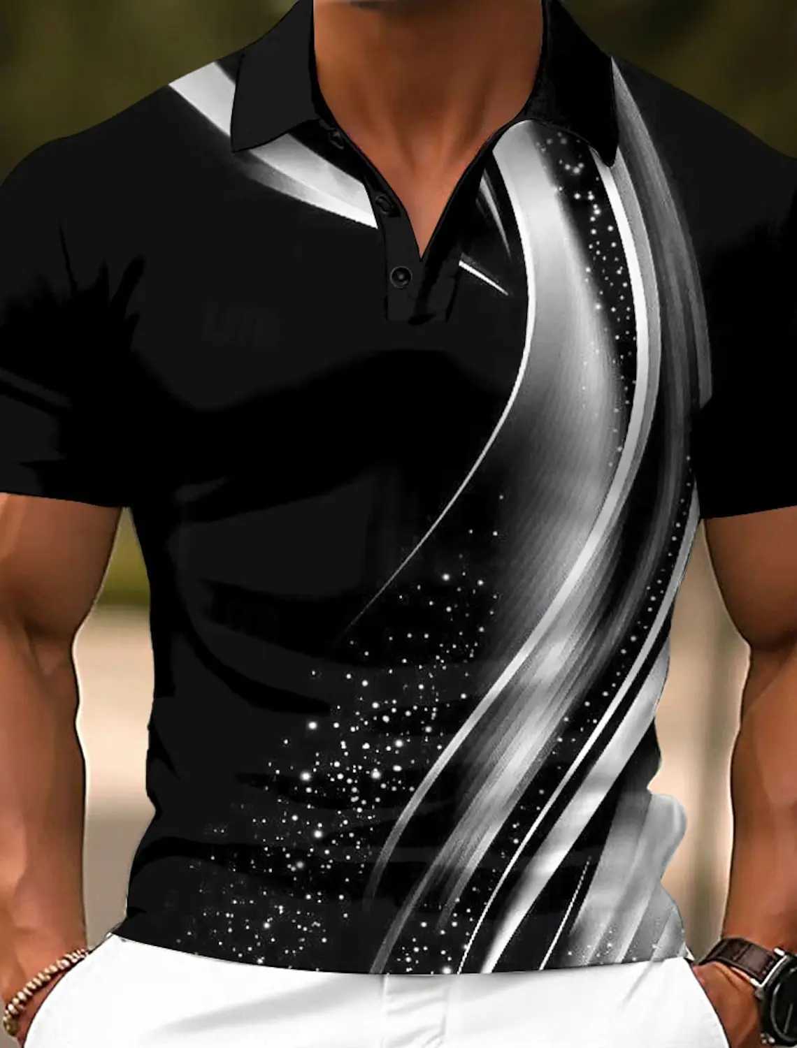 2025 Mens Geometric Line Polo Short Lapel Golf Shirt Short Sleeve Printed Button Clothing Fashion Design Casual Breathable XJ250612