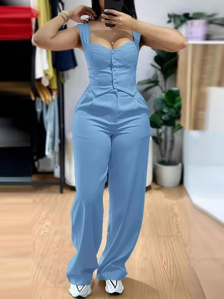 Chic Women Suit Y2k Sexy Two Piece Set Summer Sleeveless Slim Vest And Wide-leg Trouser Sets Elegant Solid Pants Womens Outfit250609
