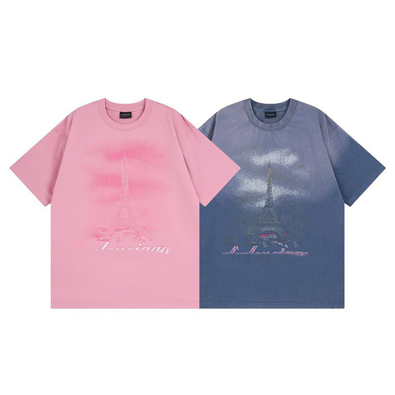 2025 Premium Paris Streetwear Tee - Distressed Washed Cotton T-Shirt with Eiffel Tower Gradient Print, High-End Vintage Graphic Tee for Men & Women