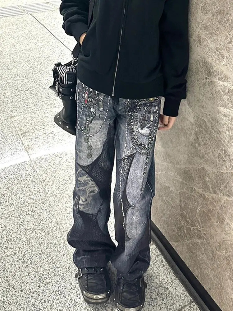 American Retro Fullprint Chain Splashing Ink Splicing Floor Microflare Jeans Womens Autumn and Winter Girl Trousers 250611