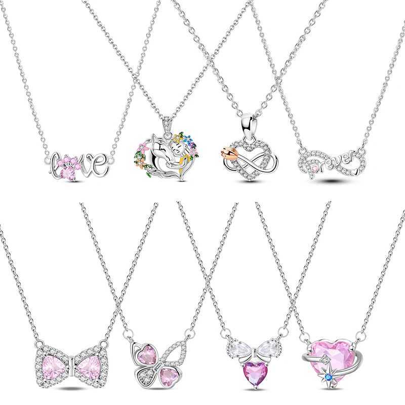 925 Sterling Silver Cats Paw Love Pink Heart Zircon Pendant Necklace for Women Fashion Anniversary Birthday Jewelry Gifts W250612