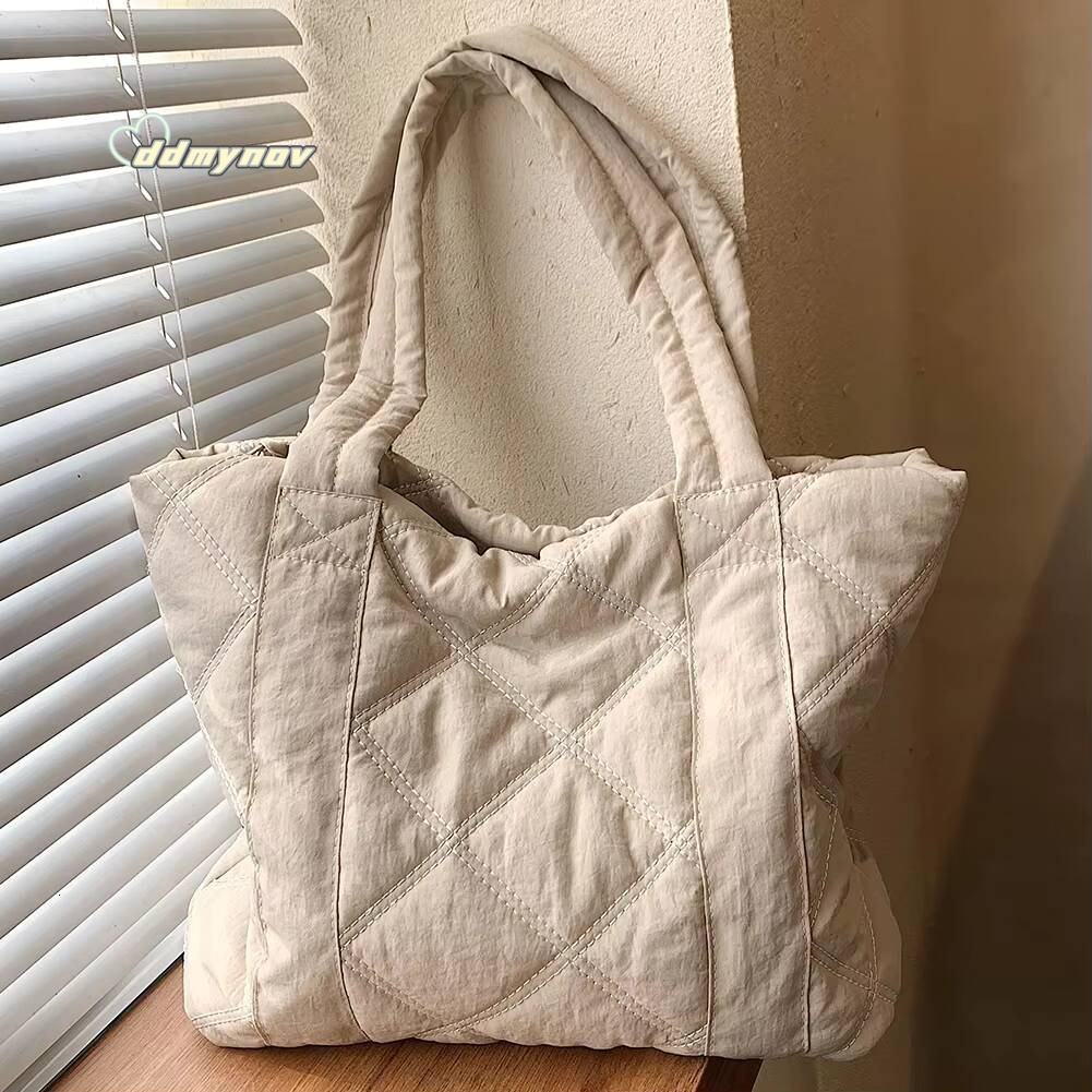 Ladies Diamond Lattice Large Capacity Padding Top Handle Solid Color Quilted Padded Stylish Shopping Bag ddmynov