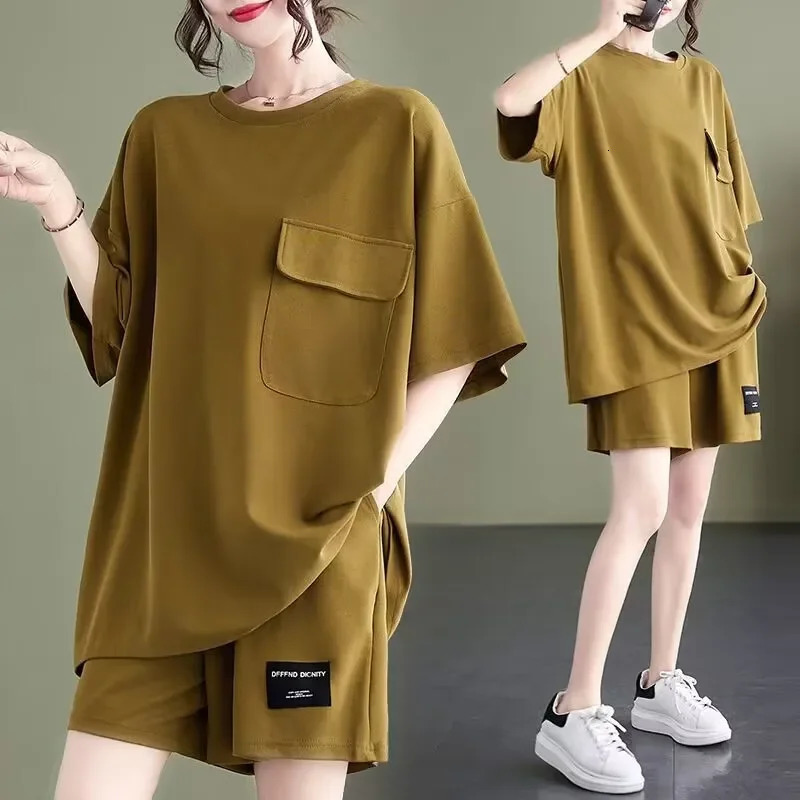 Plus Size 2023 Summer Loosefit Womens Sports Shorts Set Casual Tshirt 2piece Versatile Solid Color Simple n 250609