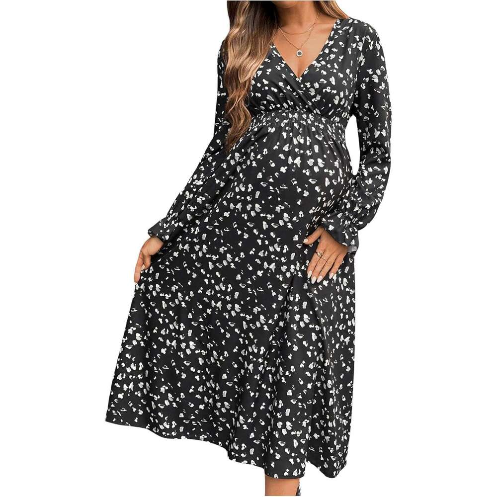 Womens Maternity Dress Floral Wrap V Neck Long Sleeve Shirred Pregnancy Midi Dresses M260328-image-1095553801
