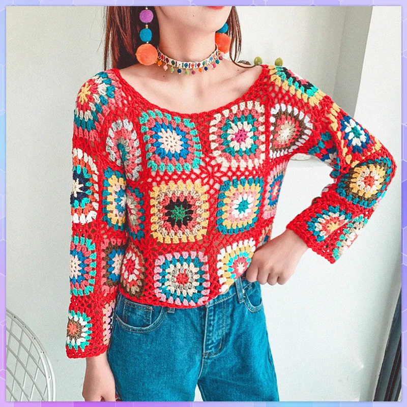 Boho Retro Pulls Vintage Mated Mated Crochet Tops Pull Womens Long Hollow Out Treept Pullover Claid Clouse 250606