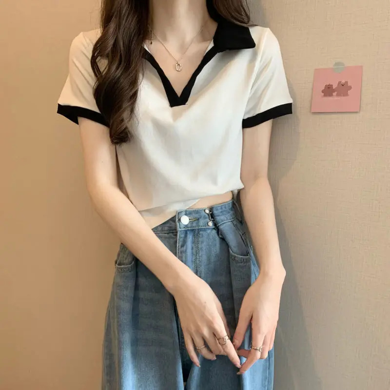 2025 Summer Polo Y2K T-shirt Femmes coréen Fashion Patchwork Tee Shirt Femme 90s Kpop Japonais Vintage Crop Top Sexy V-Neck Cloth250609