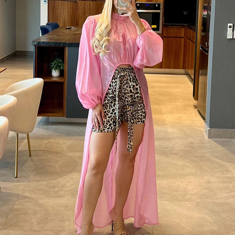 Fashion See-through O Neck Irregular Top Casual Hollow Solid Women Blouse Shirts Spring Summer Thin Lantern Long Sleeve Pullover 250612