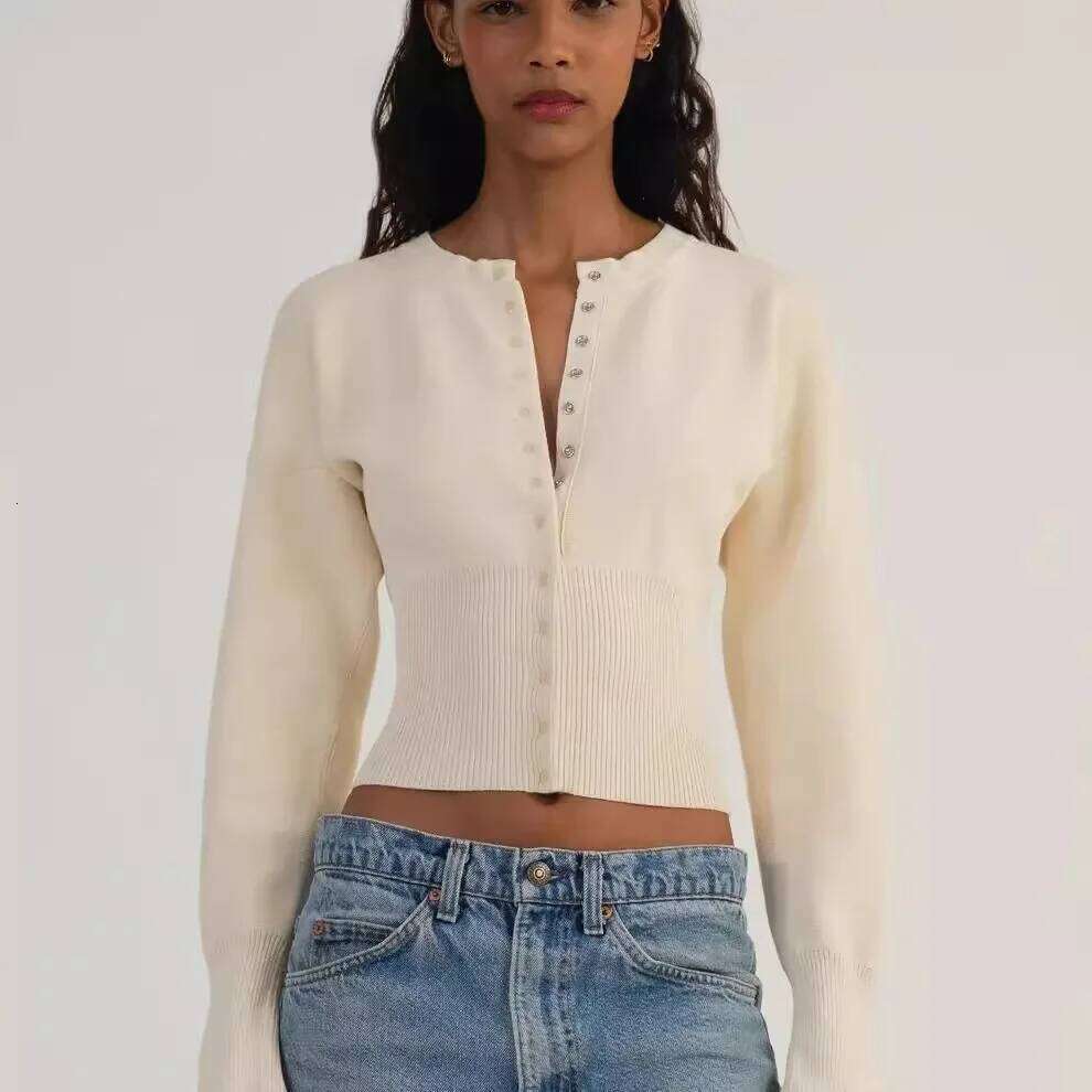 Orseuned RIS Wool silhouette milk white thick knitted solid color long sleeved cardigan sweater