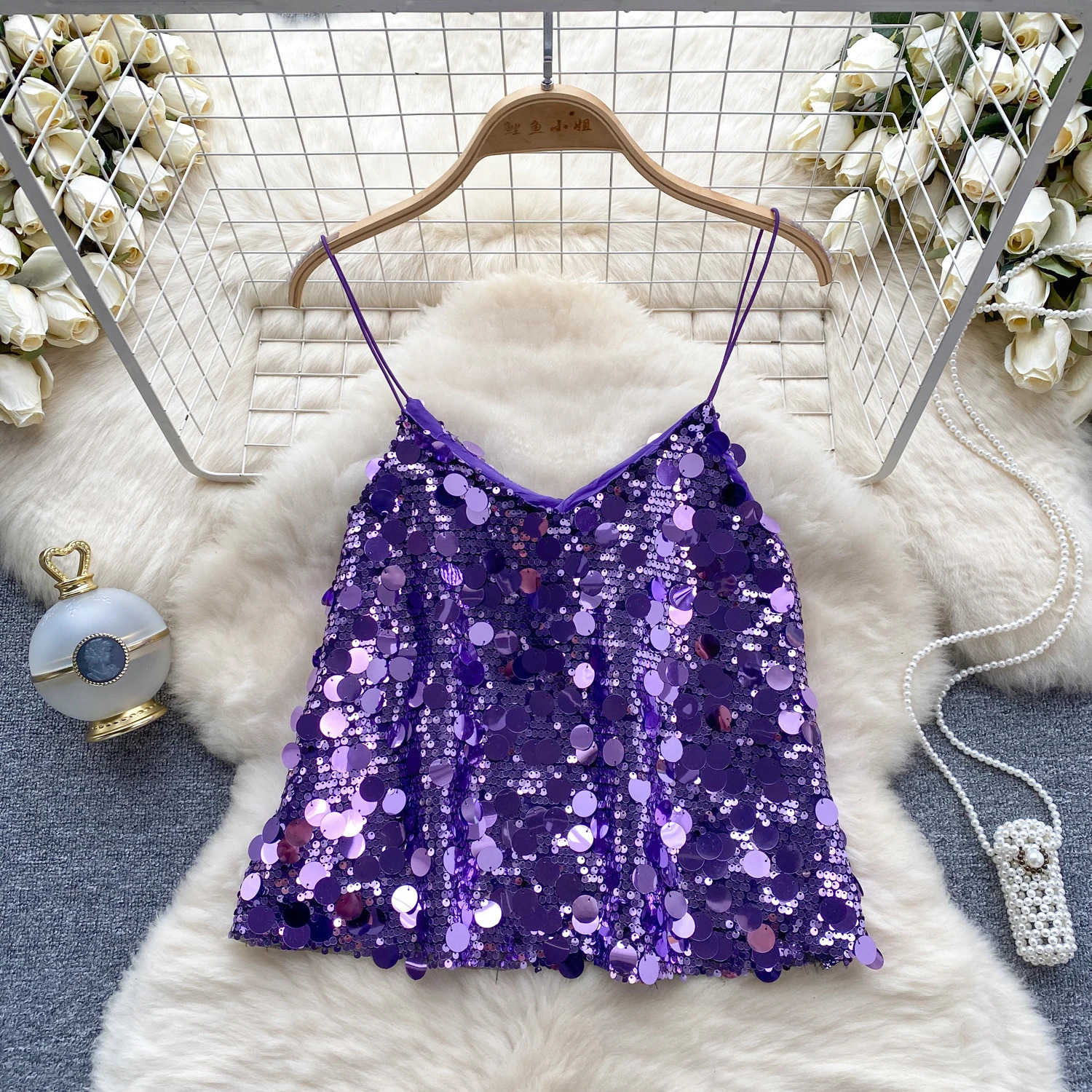 Sexy Glitter Sequined Camis Chic Slim Party Club Tank Top Basic Fashion Off Shoulder Tops Women sweet Crop Top 250609