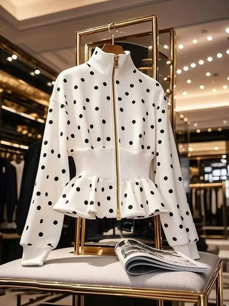 Polka Dot Jacket Women Simple Office Lady Unique Coats Long Sleeve Slim Waist Zipper Long Sleeve All-match Outerwear Spring 250606