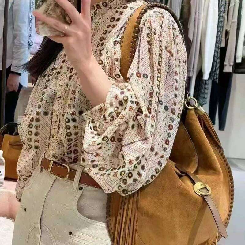 Women 2025 Spring And Summer New Vintage Pattern Print Small Stand Collar Button Shirt