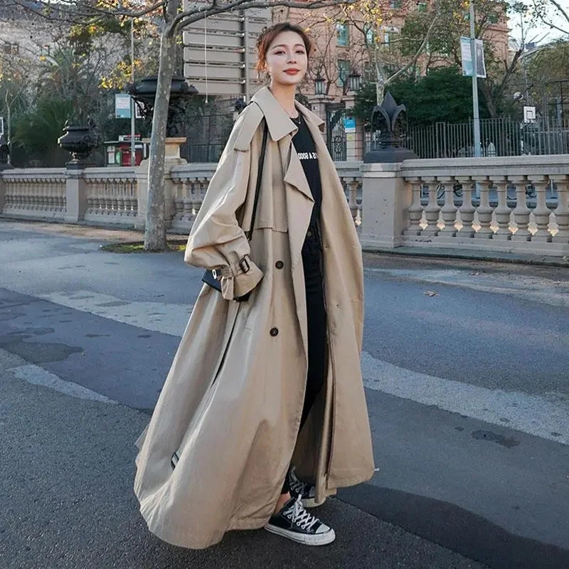 Spring Autumn Extra Long Flowy Oversized Casual Trench Coat for Women Belt Double Breasted Loose Korean Fashion 250606