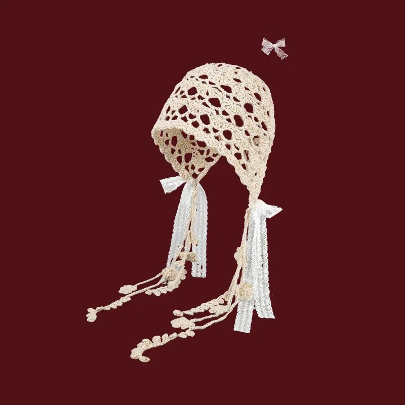 Korean Japanese style Lace Bow Fringed Knitted Bucket Hat Women Niche Retro Ethnic Style Hand-woven Hollow Sun Hat 250610