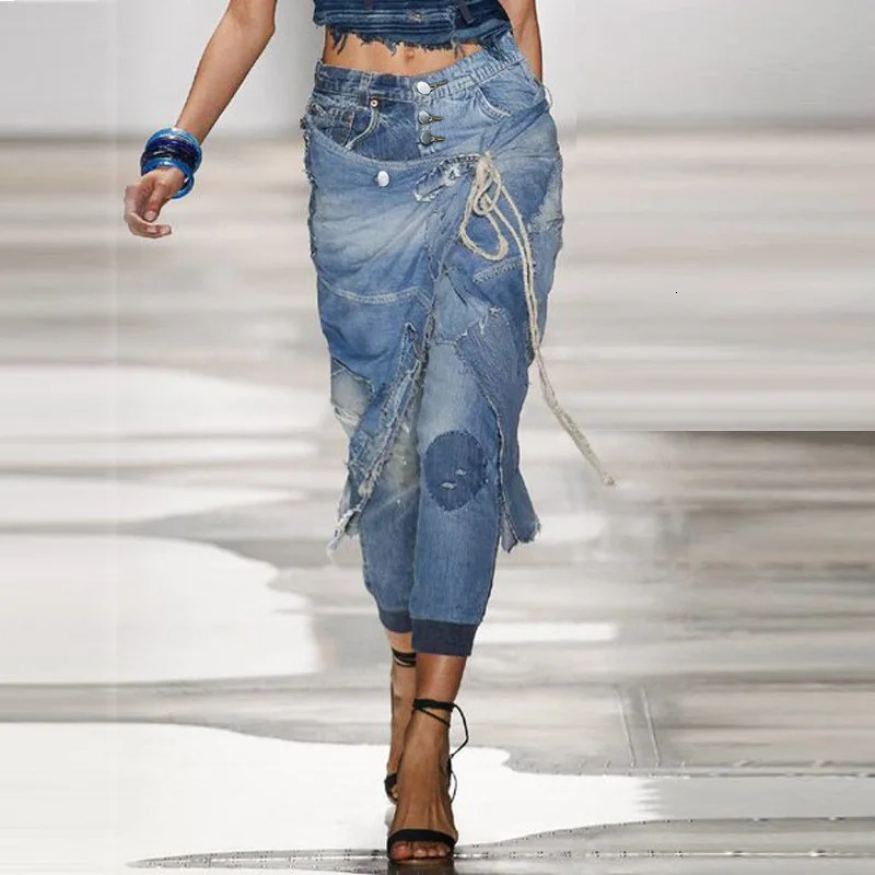 Jeans taille haute pour femmes, robe de rue à lacets, lavage décontracté, rétro, trous, Patchwork, pantalon court slim, printemps, 250606
