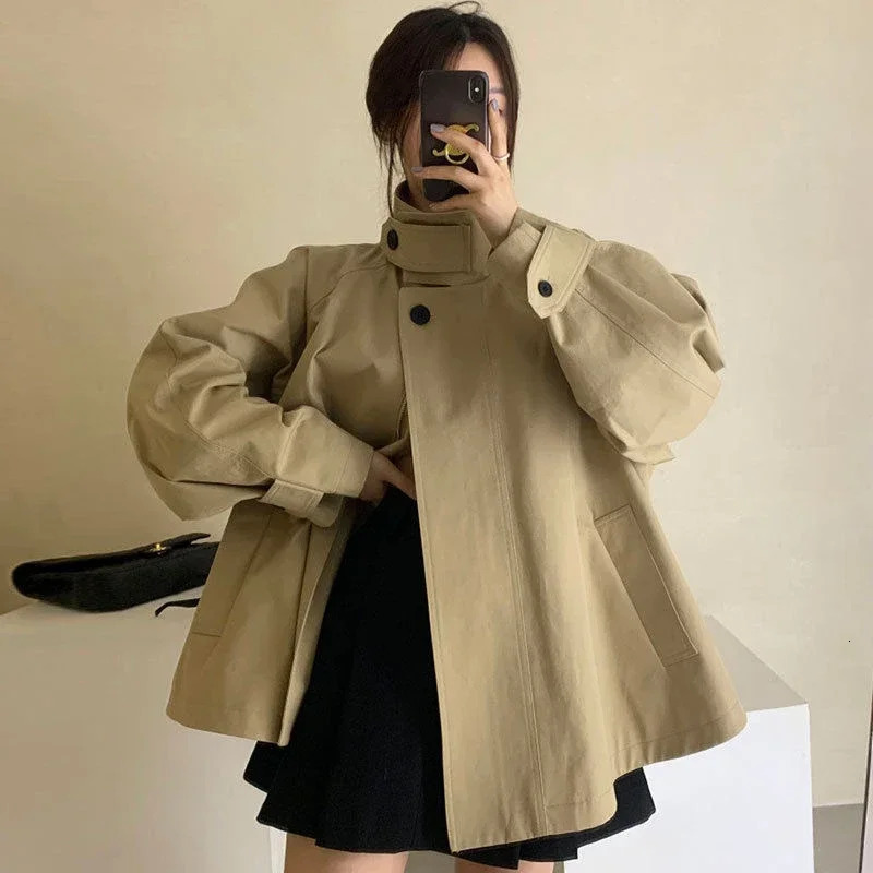 Women Trench Jacket Korean Vintage Niche Stand Collar Two-button Loose Casual Long Sleeve Trench Jacket Female 250606
