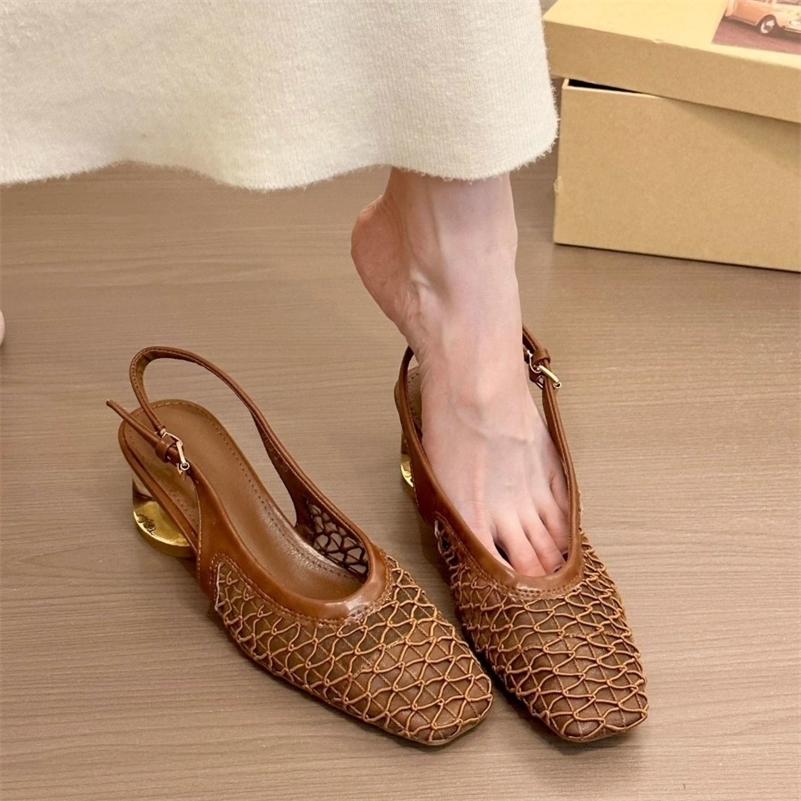 French Temperament Square Head Braided Bag Head Backspace Sandals Spring and Summer Fashion Crystal Single Shoes Dark Brown 250606
