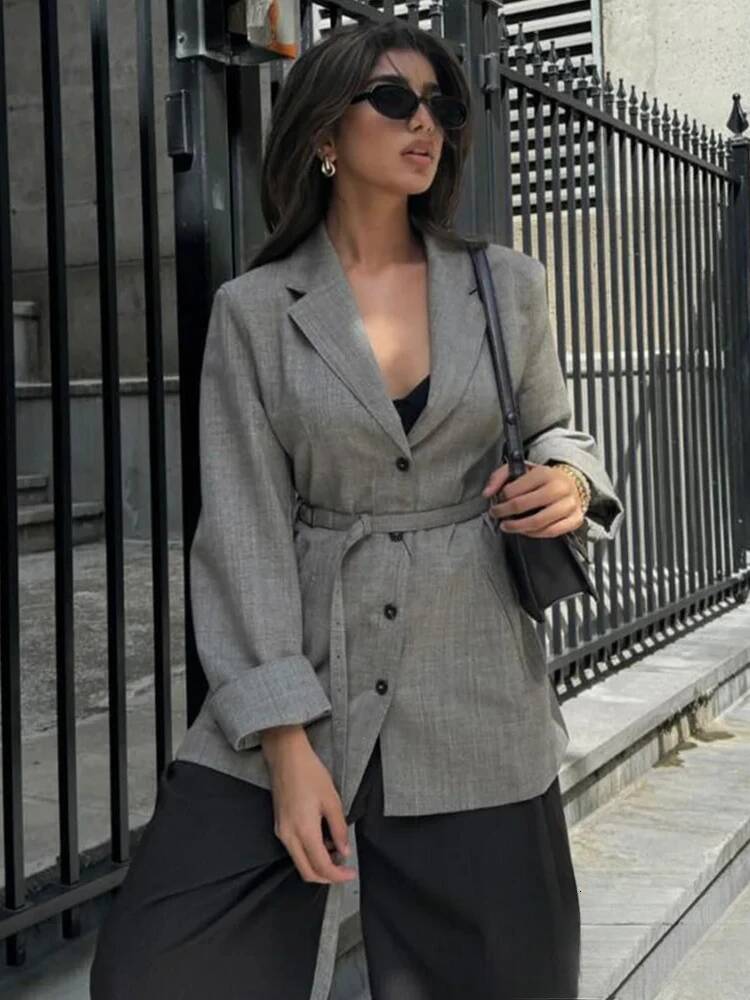 WONST Women Slim-Fit Blazer With Belt Lapel Long Single Breasted Solid Sleeve Button Leisure Jacket Fall Winter Chic Coat