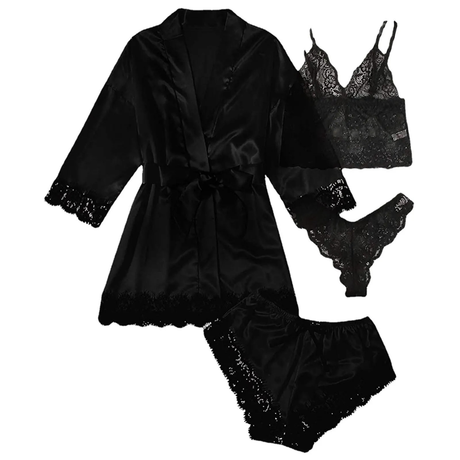 Femmes Soie Satin Pyjamas Ensemble 4pcs Lingerie Floral Dentelle Vêtements De Nuit Avec Robe De Mariée Sommeil Ensemble couleur unie Sexy Femmes