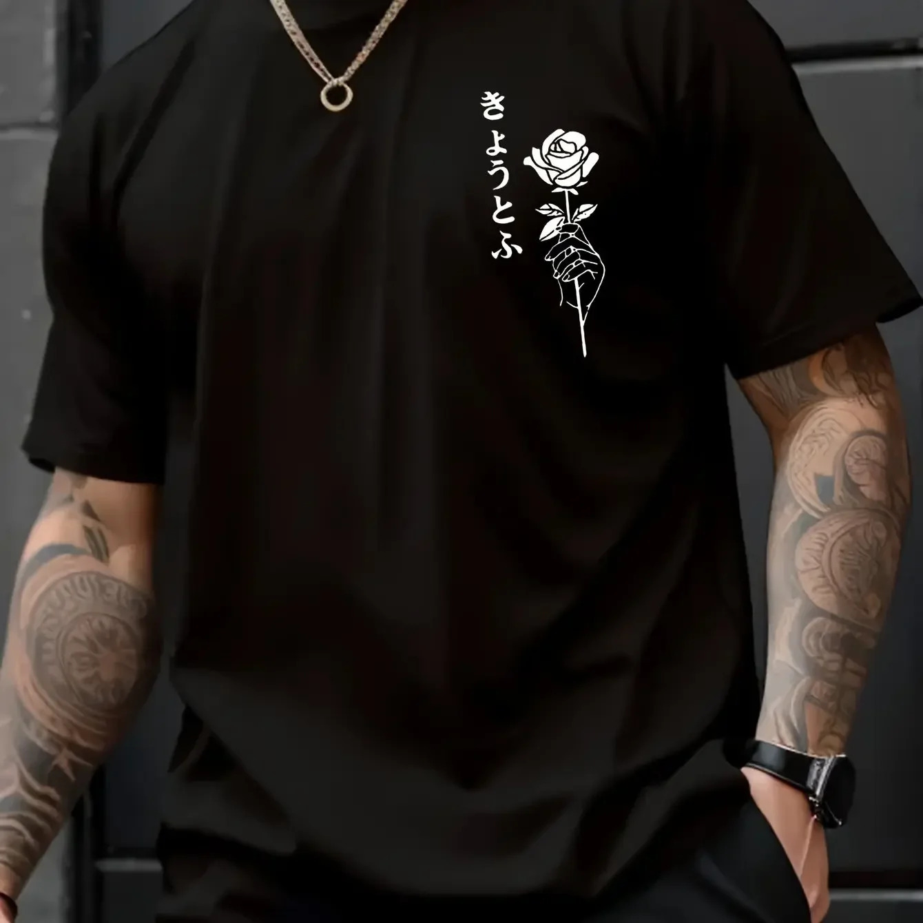 Summer fashion mens 100% pure cotton casual loose rose pattern printed round neck short sleeve soft and breathable T-shirt for men 250606