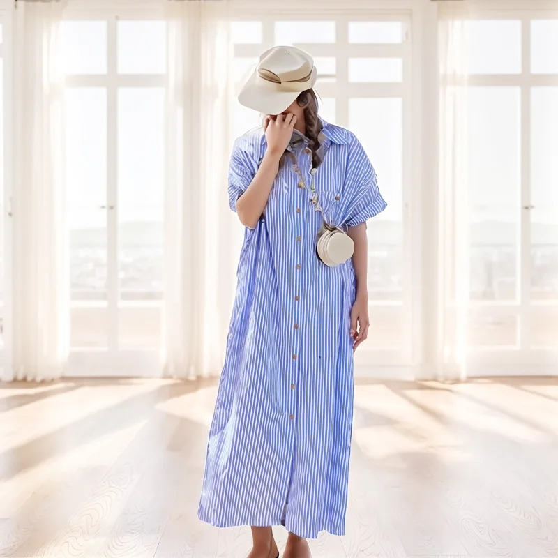 Fashion Minimalist Elegant Polo Collar Striped Loose Lady Shirt Dress Casual Summer Pocket Short Sleeve Womens Long 8386 250609