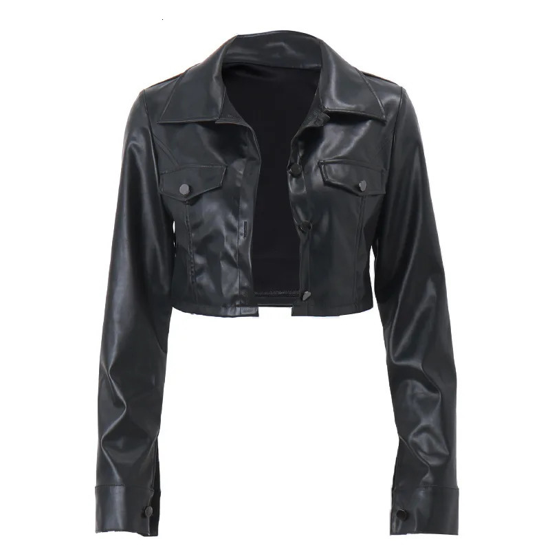 In Autumn Sexy Streetwear Black Short Leather Jacket For Women Slim Turn-Down Collar Single Breasted Crop Outerwears 250606