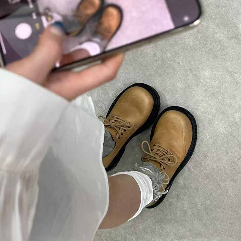 Stylish Comfortable Spring Autumn Leather Loafers Man Women Chunky Heel Round Toe Lace-Up Vintage Chelsea British Flair Designer Casual Gothic