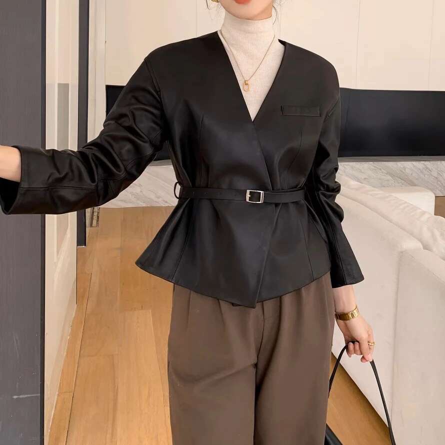 2025 Spring Women Clothing Elegant Female Genuine Leather Coat V- Neck Belt Jackets Streetwear Black Office Lady