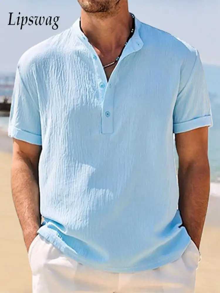 Leisure Breathable Draped Mens Polo Shirts Vintage Buttoned Stand Collar Polos Men 2025 Summer New Casual Solid Color Polo Shirt XJ250612