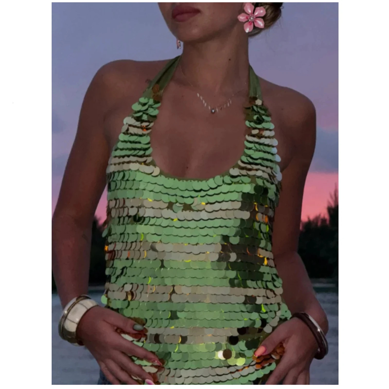 Women Y2K Sequins Bling Soild Crop Sexy Party Tank Tops Summer Sexy Camis Clubwear Glitter Halter Neck Backless Streetwear 250609