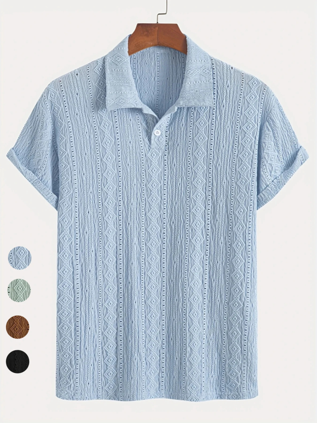 Polo Shirts For Men Streetwear Solid Color Jacquard Textured Half Buttoned Short Sleeves Tshirt Mens Basic Tops 250612