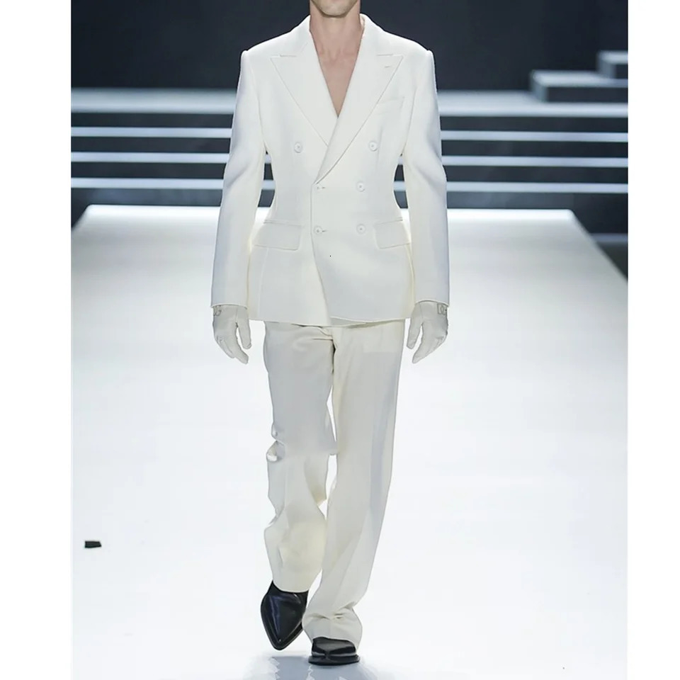 White Lapel Double Breasted Suits for Men Slim Fit Elegant Casual Prom Formal Wedding Tuxedo 2 Piece Male Suit Blazer Pants 250603