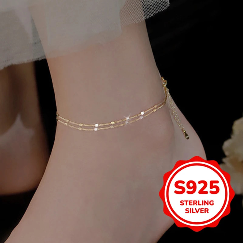 S925 sterling silver flashing small square double layer Ankle chain women fashion elegant retro exquisite simple daily 250528