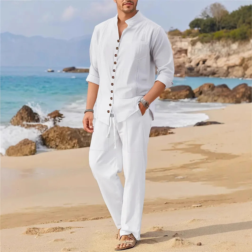 Spring and Autumn Cuban Style Fashion Mens Shirt Trend Casual Multi-Button Stand Collar Loose Long Sleeve Pants Beach Suit 250606